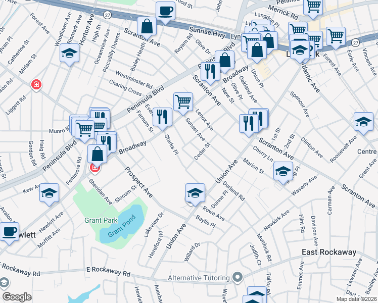 map of restaurants, bars, coffee shops, grocery stores, and more near 50 Norwich Avenue in Lynbrook