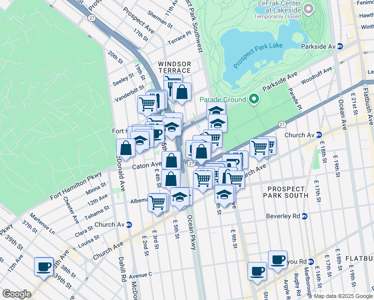 map of restaurants, bars, coffee shops, grocery stores, and more near 71 Ocean Parkway in Brooklyn
