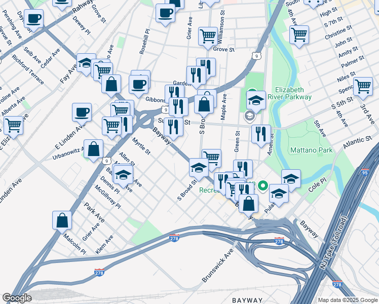 map of restaurants, bars, coffee shops, grocery stores, and more near 725 Bayway Avenue in Elizabeth