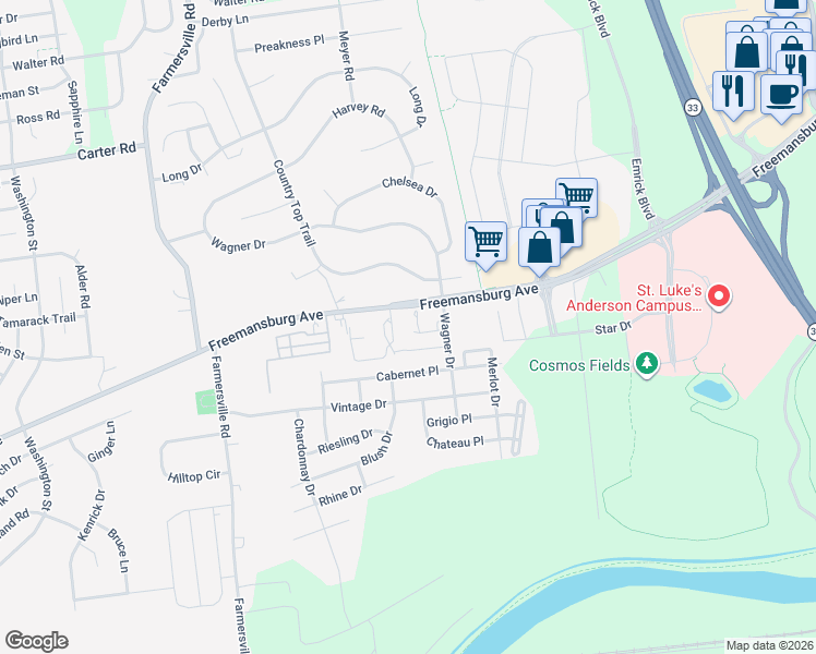 map of restaurants, bars, coffee shops, grocery stores, and more near 1952 Wagner Drive in Easton