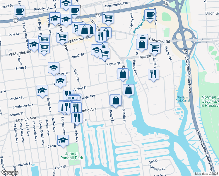 map of restaurants, bars, coffee shops, grocery stores, and more near 137 Bedell Street in Freeport