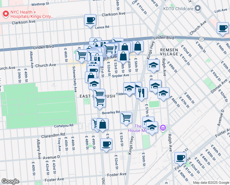 map of restaurants, bars, coffee shops, grocery stores, and more near 5215 Tilden Avenue in Brooklyn