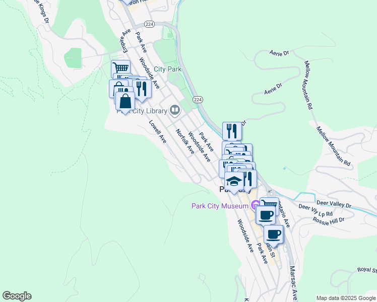 map of restaurants, bars, coffee shops, grocery stores, and more near 1015 Norfolk Avenue in Park City