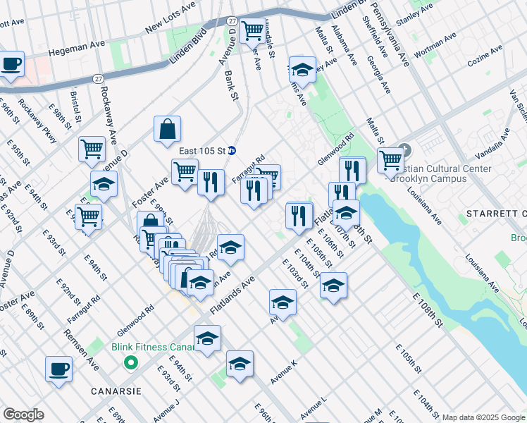 map of restaurants, bars, coffee shops, grocery stores, and more near Glenwood Road & East 104th Street in Brooklyn
