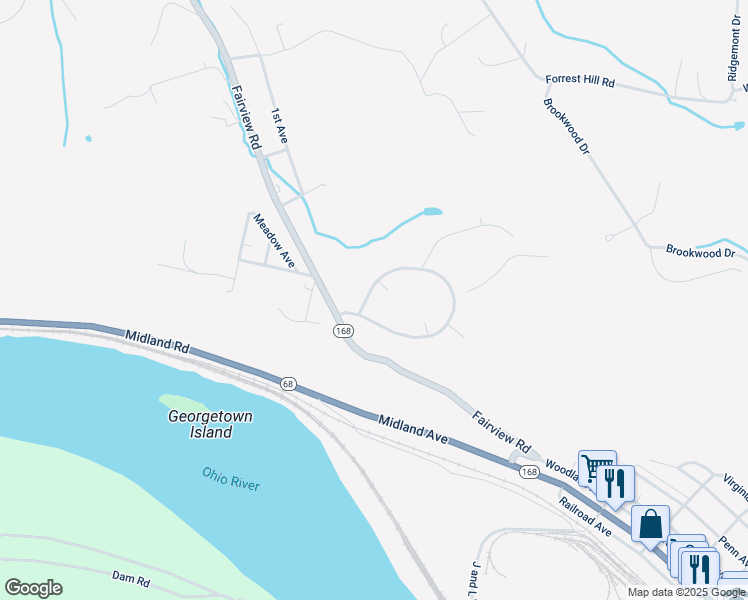 map of restaurants, bars, coffee shops, grocery stores, and more near 54-66 Midland Heights Circle in Midland