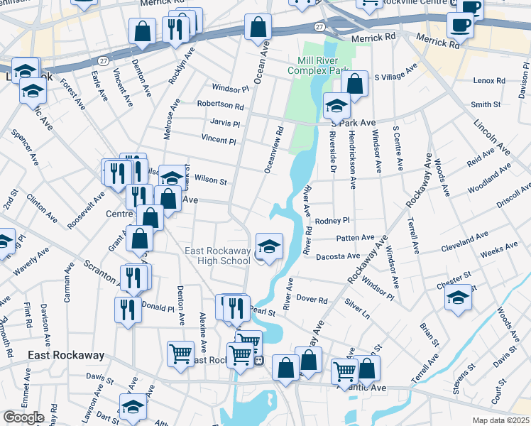 map of restaurants, bars, coffee shops, grocery stores, and more near 152 Centre Avenue in East Rockaway