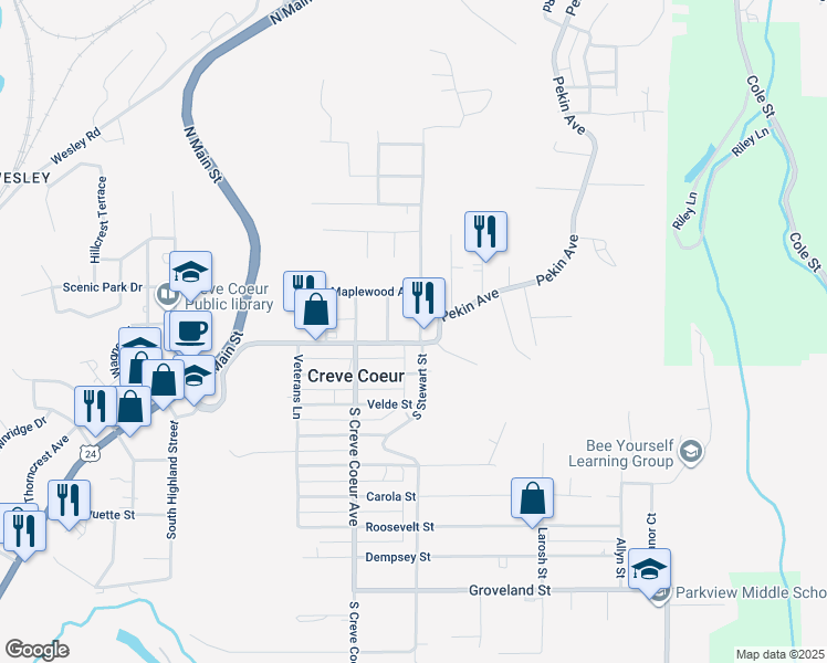 map of restaurants, bars, coffee shops, grocery stores, and more near 115 North Stewart Street in Creve Coeur