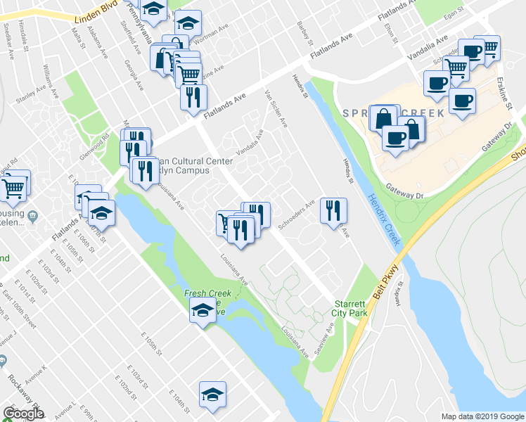 map of restaurants, bars, coffee shops, grocery stores, and more near 1325 Pennsylvania Avenue in Brooklyn