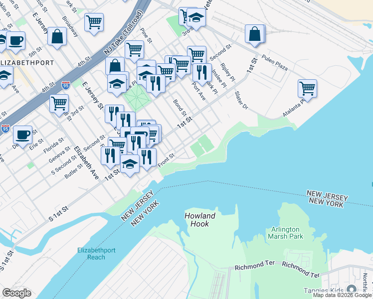 map of restaurants, bars, coffee shops, grocery stores, and more near 17 Harbor Front Plaza in Elizabeth