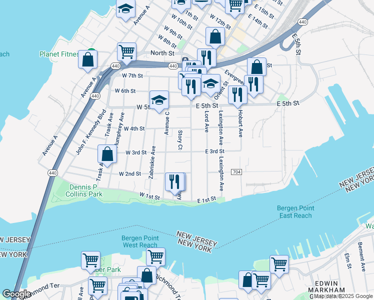 map of restaurants, bars, coffee shops, grocery stores, and more near 83 Broadway in Bayonne