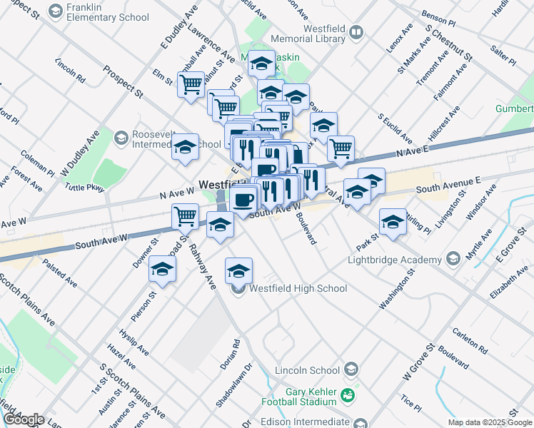 map of restaurants, bars, coffee shops, grocery stores, and more near 402 Summit Avenue in Westfield