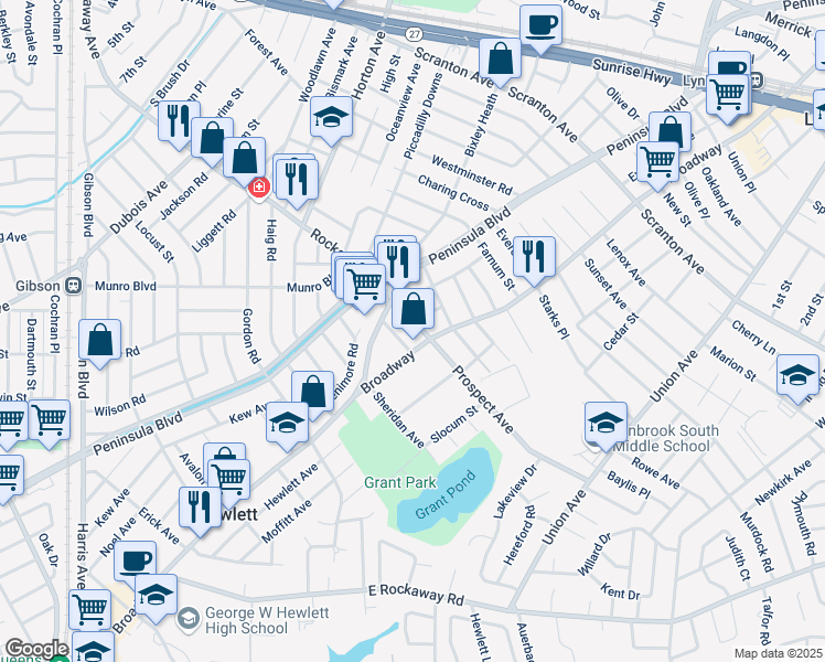 map of restaurants, bars, coffee shops, grocery stores, and more near 26 Stewart Street in Hewlett