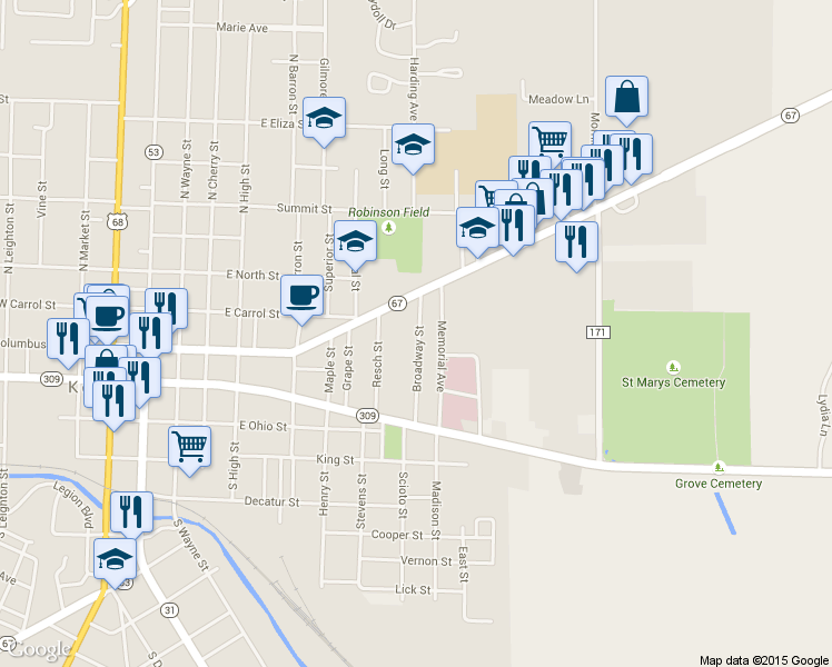 map of restaurants, bars, coffee shops, grocery stores, and more near 95 Broadway St in Kenton