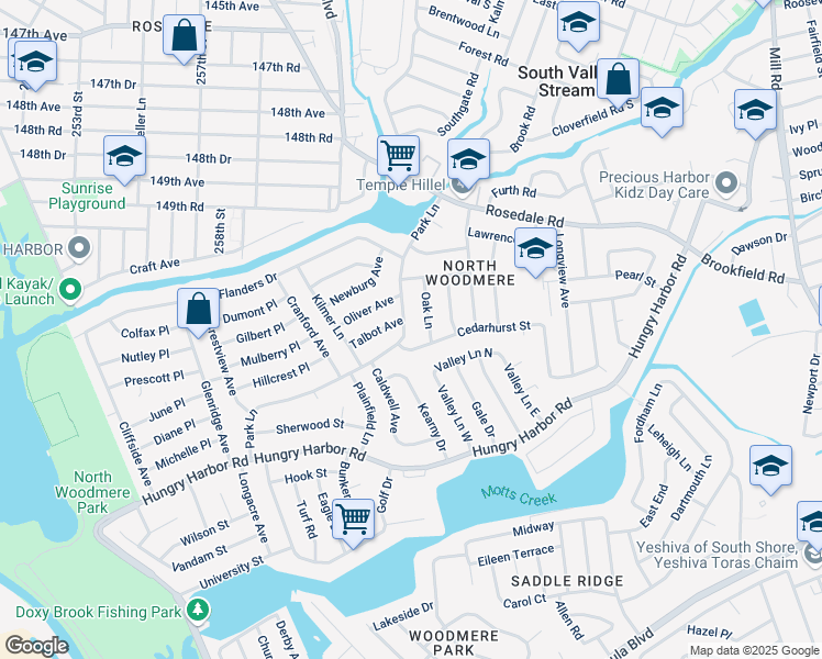 map of restaurants, bars, coffee shops, grocery stores, and more near 866 Park Lane in Valley Stream