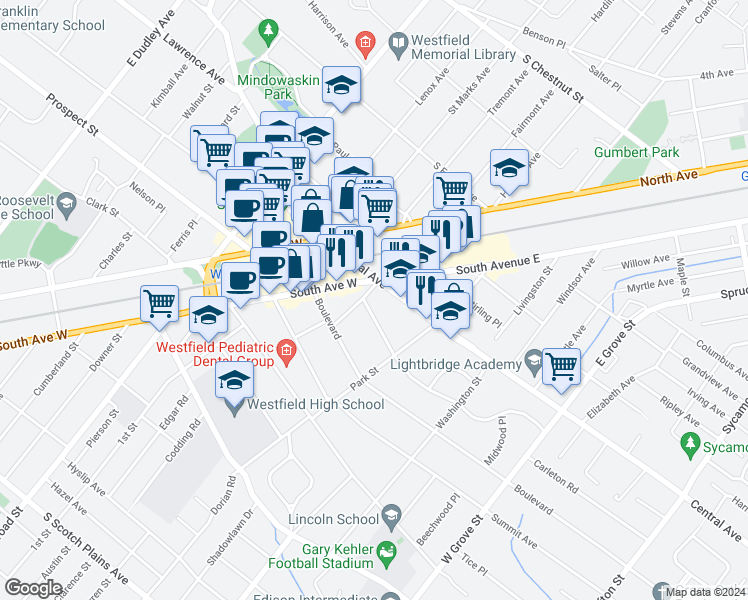 map of restaurants, bars, coffee shops, grocery stores, and more near 515B Carleton Road in Westfield