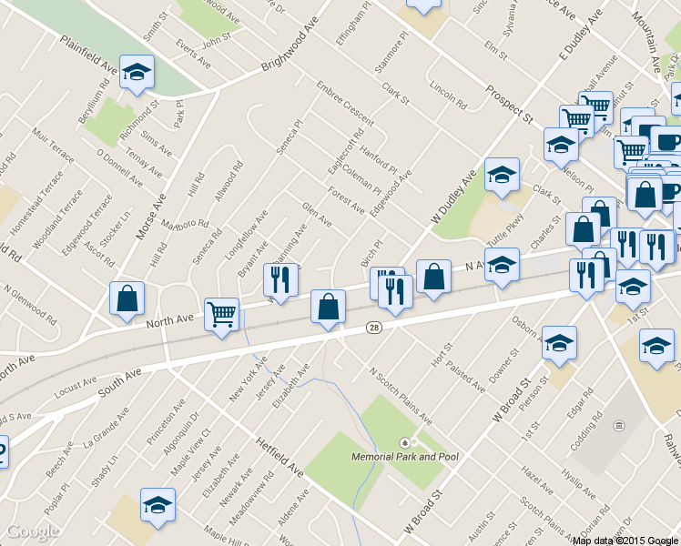 map of restaurants, bars, coffee shops, grocery stores, and more near 471 Edgewood Avenue in Westfield