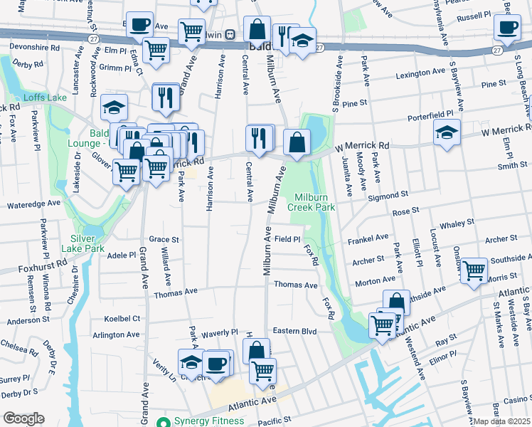 map of restaurants, bars, coffee shops, grocery stores, and more near 2538 Milburn Avenue in Baldwin