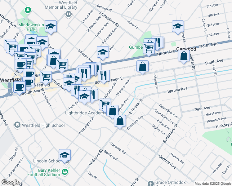 map of restaurants, bars, coffee shops, grocery stores, and more near 247 Windsor Avenue in Westfield