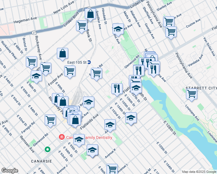 map of restaurants, bars, coffee shops, grocery stores, and more near 716 East 105th Street in Brooklyn