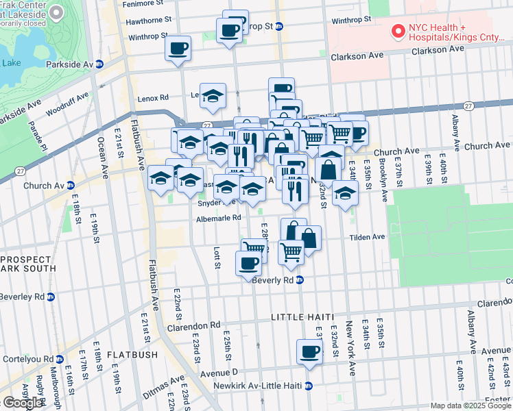 map of restaurants, bars, coffee shops, grocery stores, and more near 2701 Albemarle Road in Brooklyn