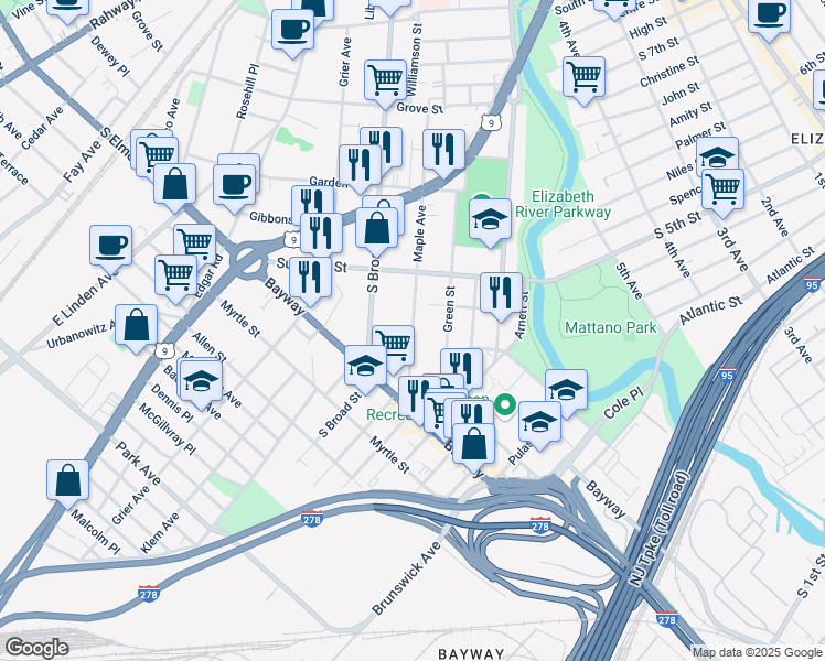 map of restaurants, bars, coffee shops, grocery stores, and more near 648 Maple Avenue in Elizabeth