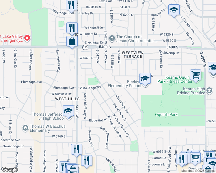 map of restaurants, bars, coffee shops, grocery stores, and more near 5642 Vista Ridge Way in Kearns