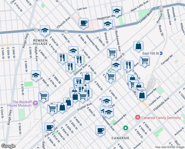 map of restaurants, bars, coffee shops, grocery stores, and more near 808 E 94th St in Brooklyn