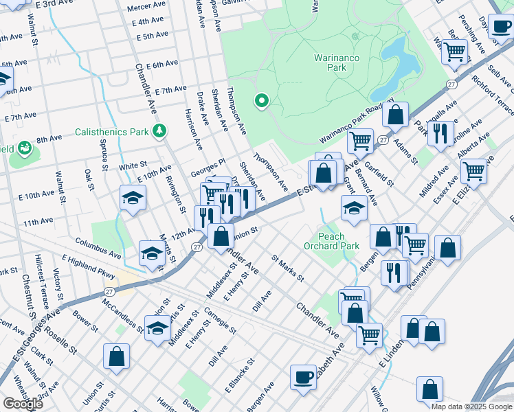 map of restaurants, bars, coffee shops, grocery stores, and more near 1305 New Jersey 27 in Roselle