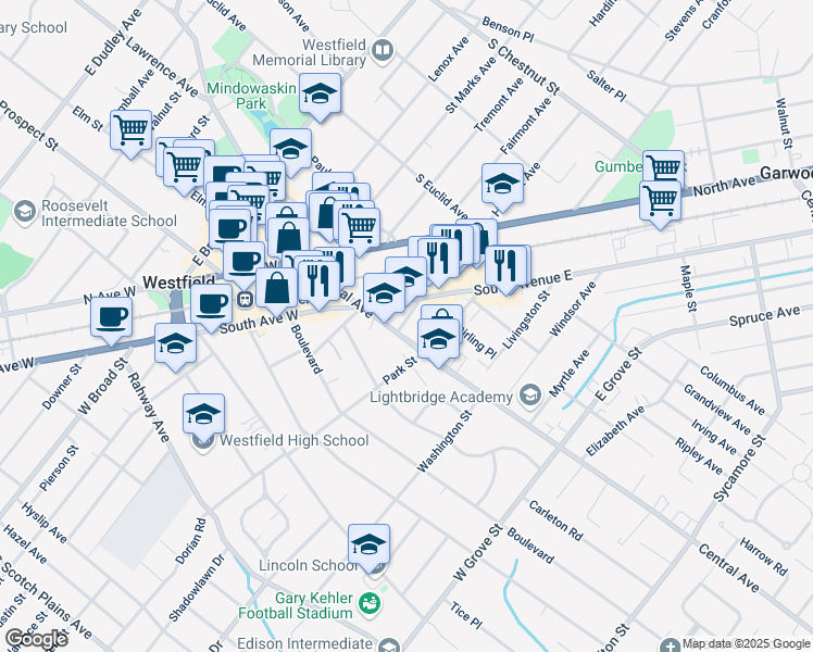 map of restaurants, bars, coffee shops, grocery stores, and more near 501 Central Avenue in Westfield
