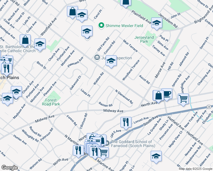map of restaurants, bars, coffee shops, grocery stores, and more near 194 Tillotson Road in Fanwood