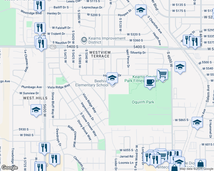 map of restaurants, bars, coffee shops, grocery stores, and more near 5647 South Sarah Jane Drive in Kearns