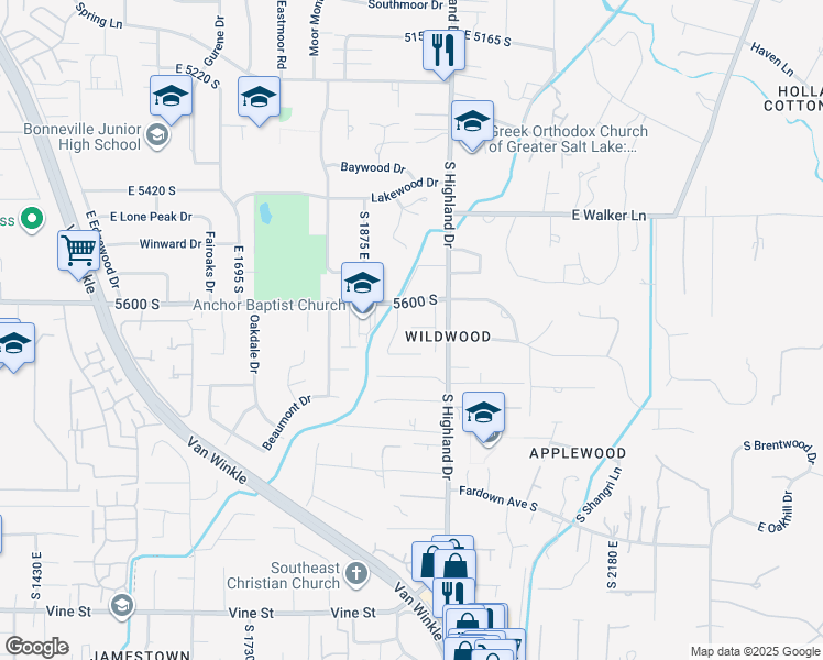 map of restaurants, bars, coffee shops, grocery stores, and more near 5644 Nations Way East in Holladay