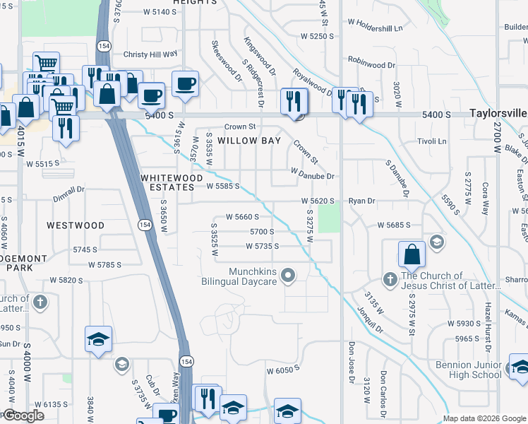 map of restaurants, bars, coffee shops, grocery stores, and more near 3390 West 5660 South in Salt Lake City