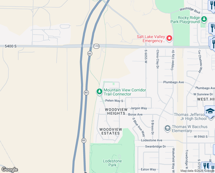 map of restaurants, bars, coffee shops, grocery stores, and more near Chama Way West in West Valley City
