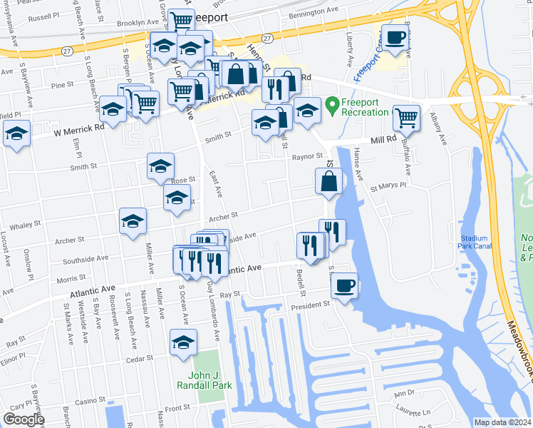 map of restaurants, bars, coffee shops, grocery stores, and more near 71 Archer Street in Freeport
