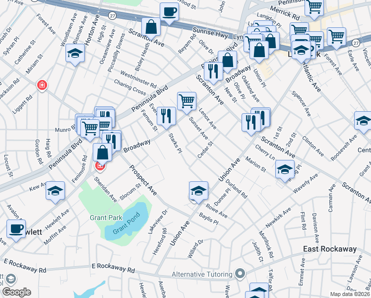 map of restaurants, bars, coffee shops, grocery stores, and more near 50 Norwich Avenue in Lynbrook