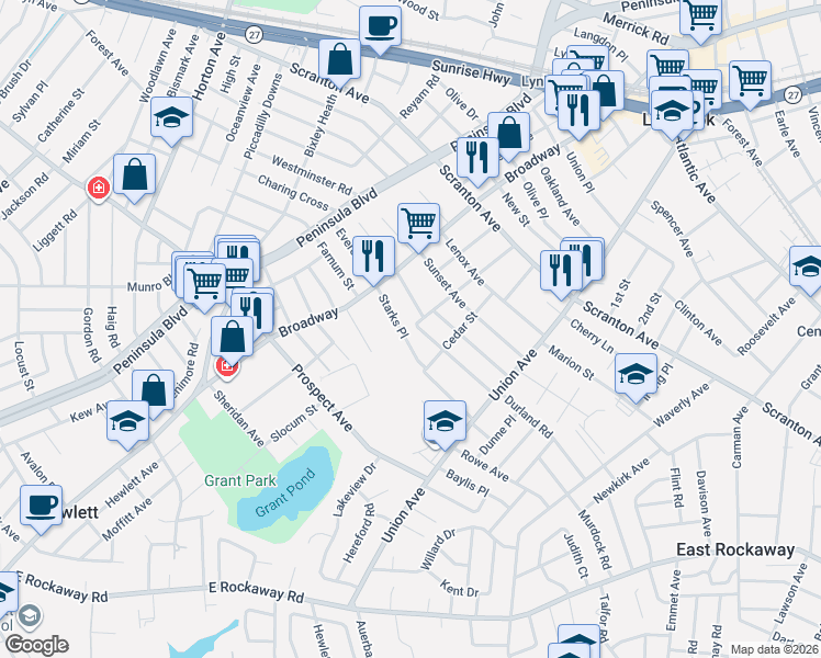 map of restaurants, bars, coffee shops, grocery stores, and more near 25 Starks Place in Lynbrook
