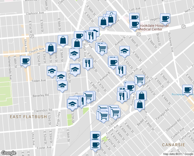 map of restaurants, bars, coffee shops, grocery stores, and more near 8709 Avenue B in Brooklyn