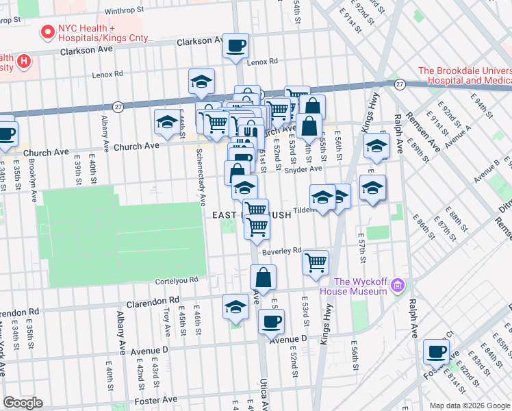 map of restaurants, bars, coffee shops, grocery stores, and more near 5101 Tilden Avenue in Brooklyn