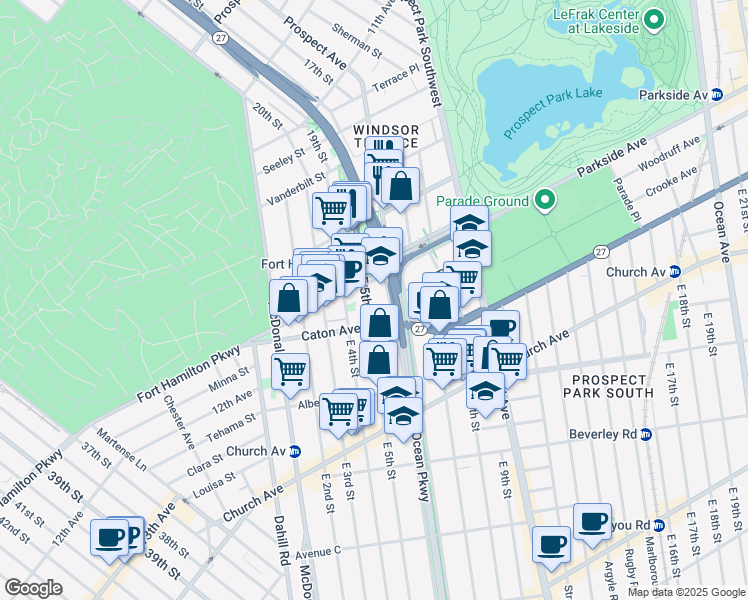 map of restaurants, bars, coffee shops, grocery stores, and more near 74 Ocean Parkway in Brooklyn