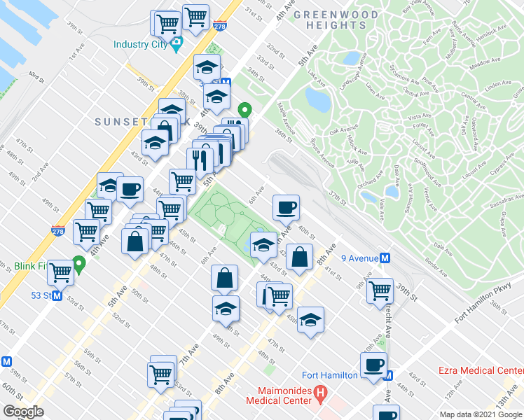 map of restaurants, bars, coffee shops, grocery stores, and more near 619 41st Street in Brooklyn