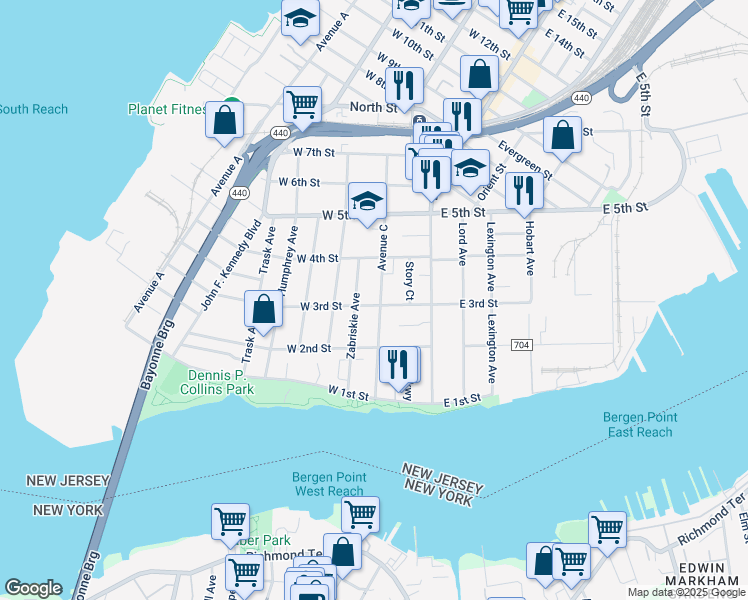 map of restaurants, bars, coffee shops, grocery stores, and more near 37 West 3rd Street in Bayonne
