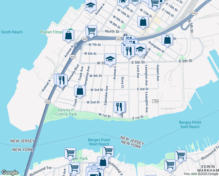 map of restaurants, bars, coffee shops, grocery stores, and more near 82-84 Zabriskie Avenue in Bayonne