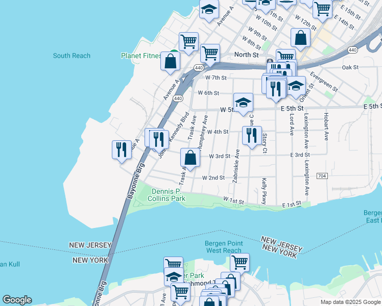 map of restaurants, bars, coffee shops, grocery stores, and more near 53 Trask Avenue in Bayonne