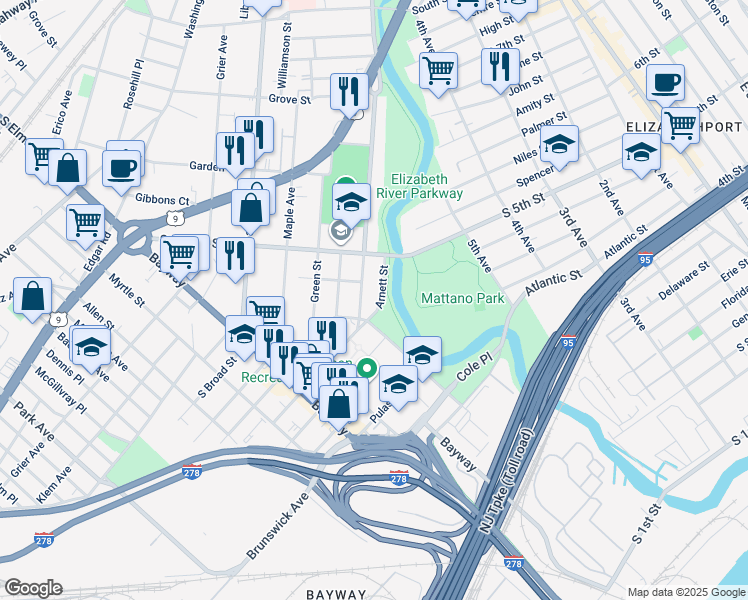 map of restaurants, bars, coffee shops, grocery stores, and more near 624B Clarkson Avenue in Elizabeth