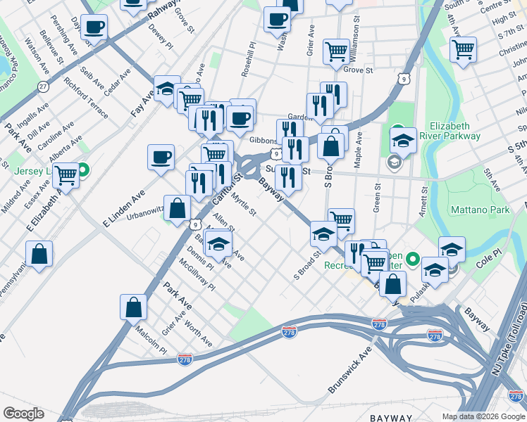 map of restaurants, bars, coffee shops, grocery stores, and more near 727 Grier Avenue in Elizabeth