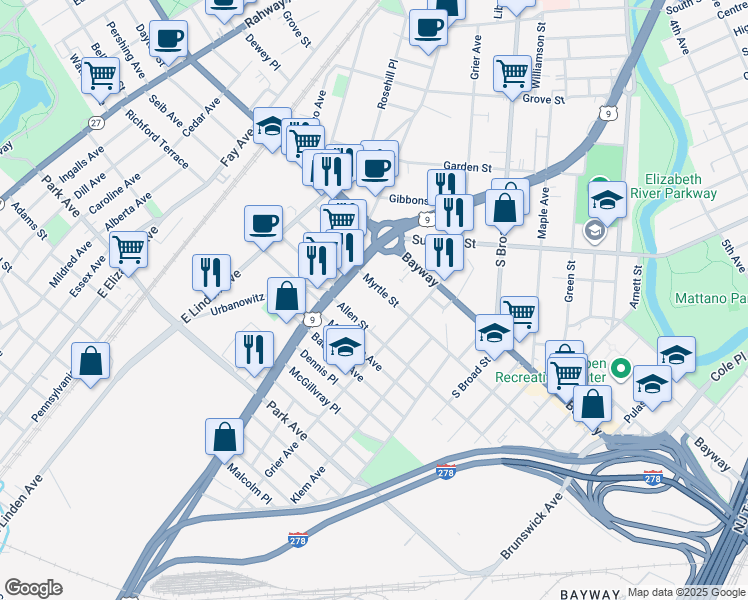 map of restaurants, bars, coffee shops, grocery stores, and more near 830 Myrtle Street in Elizabeth
