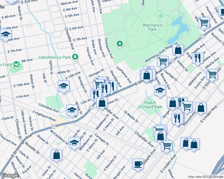 map of restaurants, bars, coffee shops, grocery stores, and more near 1169 Harrison Avenue in Roselle