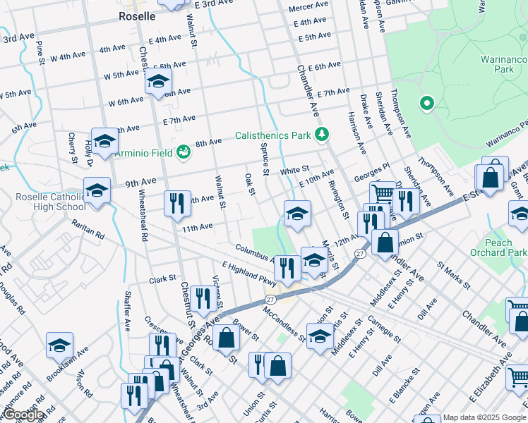map of restaurants, bars, coffee shops, grocery stores, and more near 1014 Oak Street in Roselle
