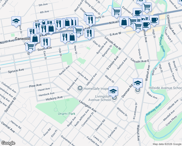 map of restaurants, bars, coffee shops, grocery stores, and more near 11 New Street in Cranford